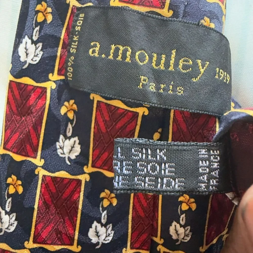 A.Mouley Paris Geometric Floral Pattern 100% Silk Necktie